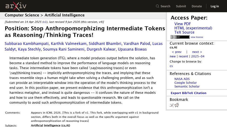 Screenshot of arxiv.org: Stop Anthropomorphizing Intermediate Tokens as Reasoning/Thinking Traces (2025)