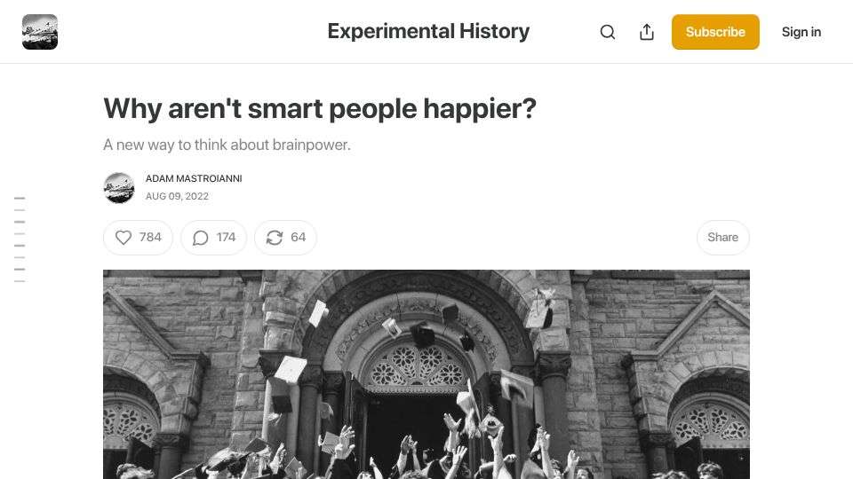Screenshot of experimental-history.com: Why aren't smart people happier? (2022)