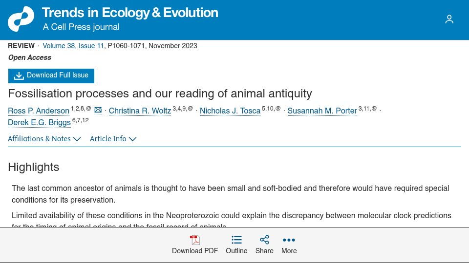 Screenshot of cell.com: Fossilisation processes and our reading of animal antiquity