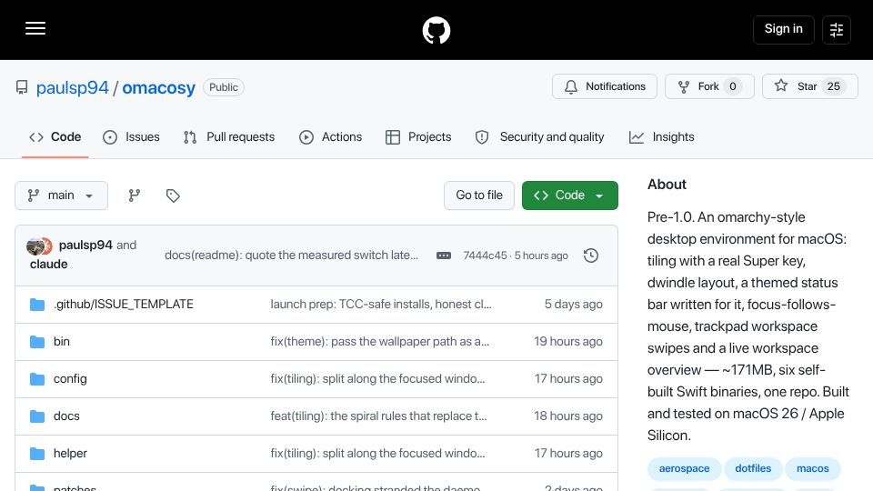 Screenshot of github.com: Show HN: Omacosy – Omarchy-style tiling desktop for macOS, no SIP