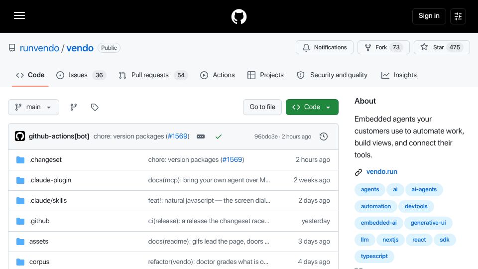 Screenshot of github.com: Launch HN: Vendo (YC S26) – Let users build features on top of your product