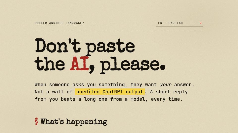 Screenshot of dontpastetheai.com: Don't paste the AI, please