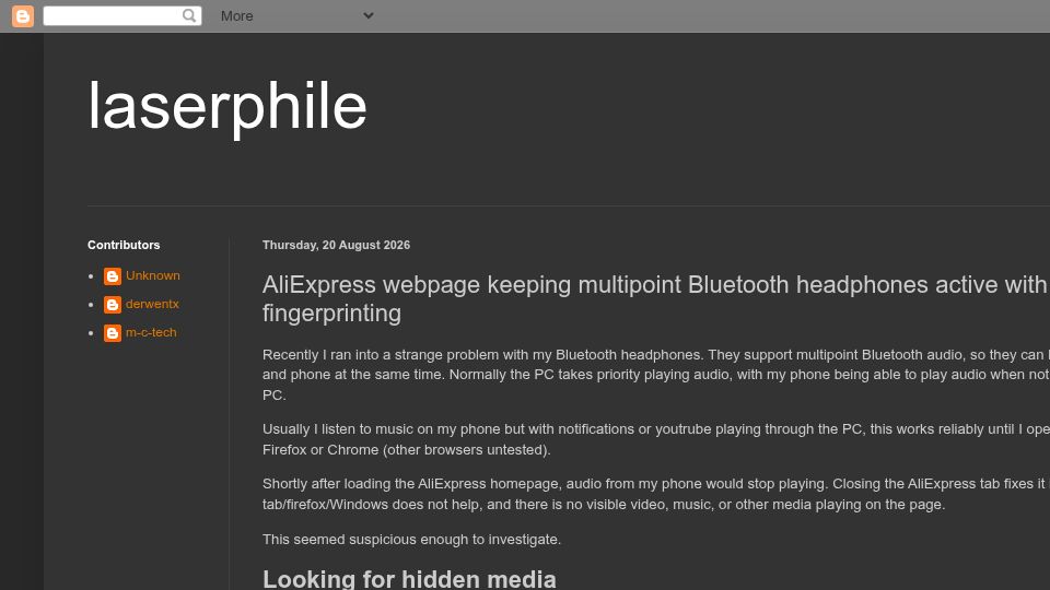 Screenshot of blog.laserphile.com: AliExpress runs silent WebAudio fingerprinting that breaks Bluetooth multipoint