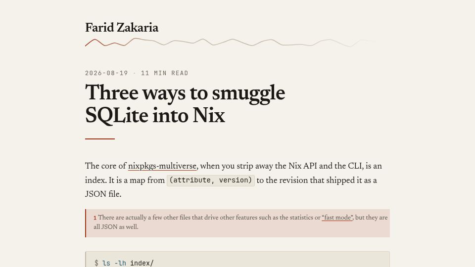 Screenshot of fzakaria.com: Three ways to smuggle SQLite into Nix