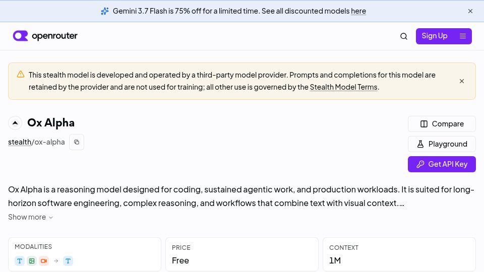 Screenshot of openrouter.ai: Ox Alpha