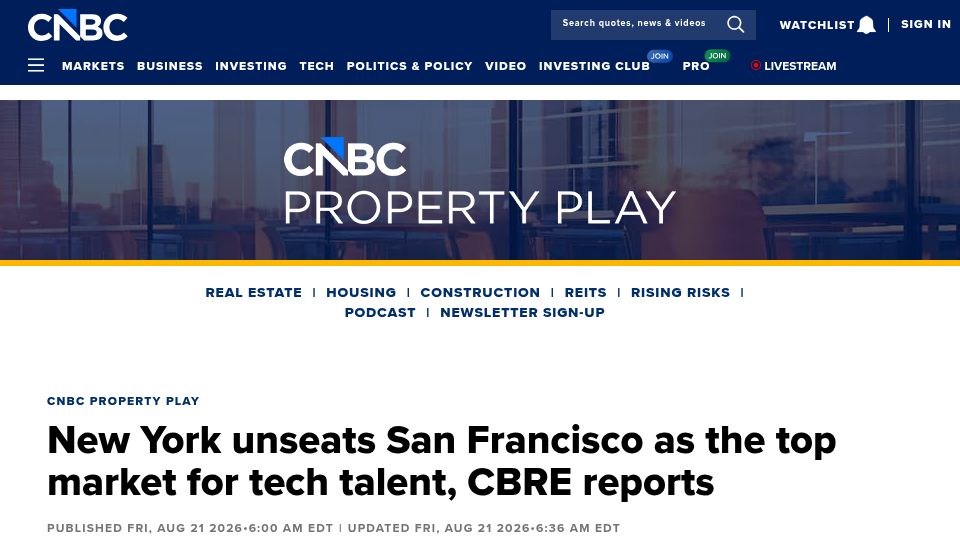 Screenshot of cnbc.com: New York’s office market is home to the most tech workers: CBRE report