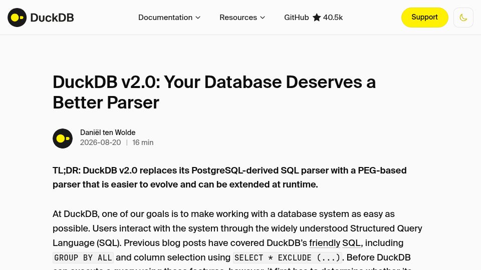 Screenshot of duckdb.org: DuckDB V2 PEG-based SQL parser