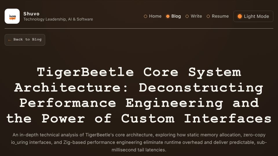 Screenshot of ixuvo.com: TigerBeetle Core System Architecture: Deconstructing Performance Engineering