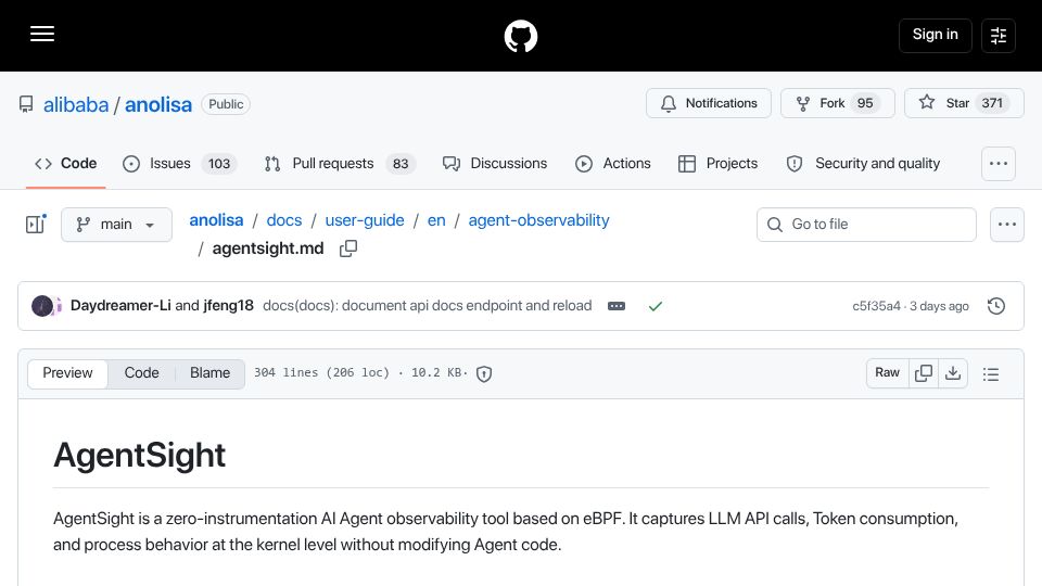 Screenshot of github.com: Show HN: AgentSight – eBPF observability for AI agents, no code changes