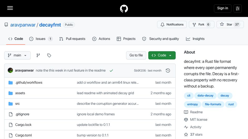 Screenshot of github.com: Decayfmt – a file format that corrupts itself a little every time you open it
