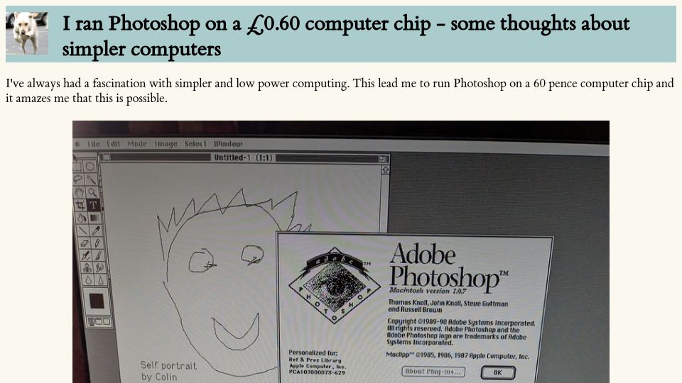 Screenshot of pointinthecloud.com: I ran Photoshop on a £0.60 computer chip