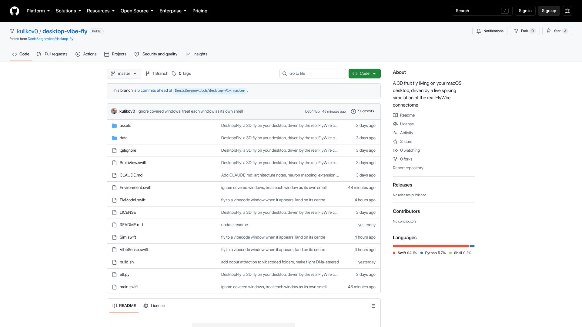 Screenshot of github.com: Show HN: A desktop fly drawn to the scent of vibecode