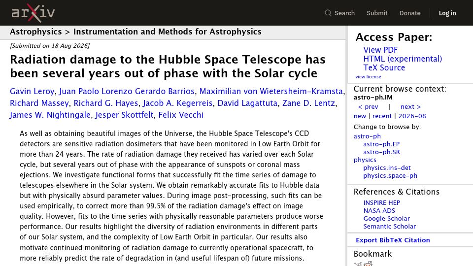 Screenshot of arxiv.org: Radiation damage to Hubble has been 4.3 years out of phase with the Solar cycle