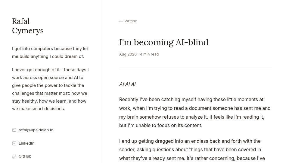 Screenshot of cymerys.com: I'm becoming AI-blind