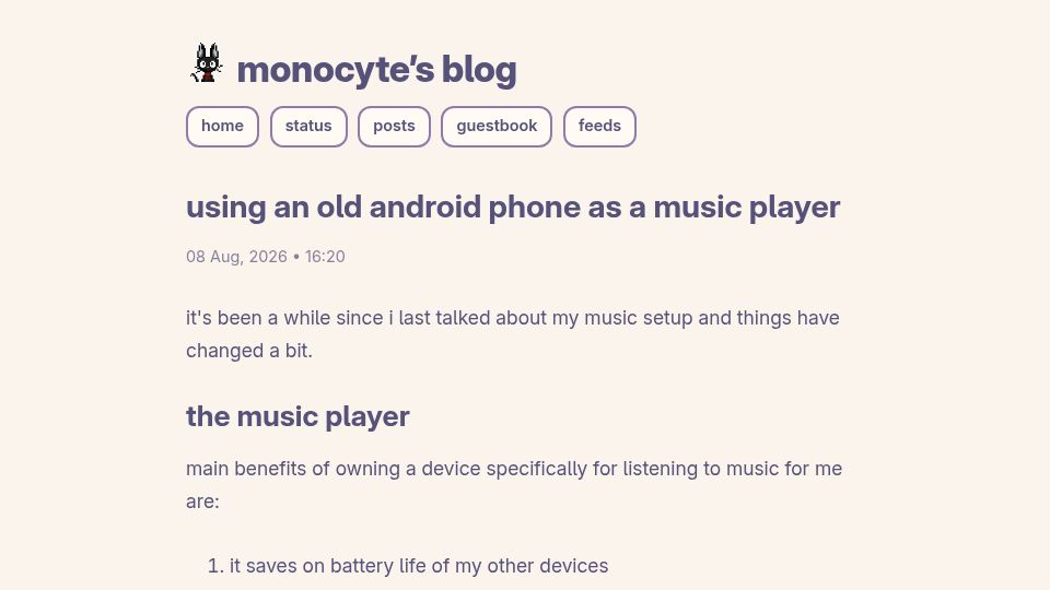 Screenshot of monocyte.blog: Using an old Android phone as a music player