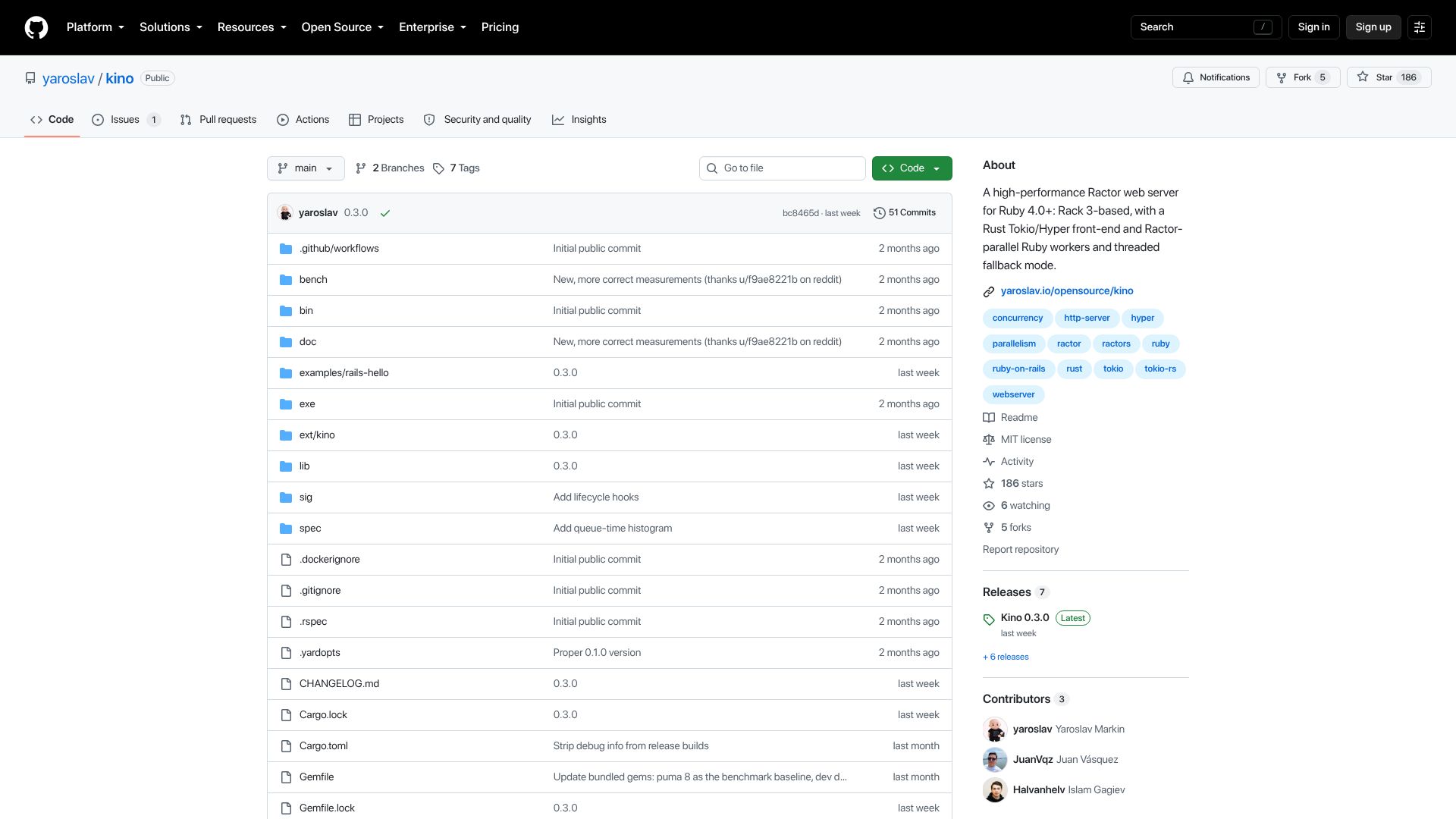 Screenshot of github.com: Kino: A high-performance Ractor web server for Ruby 4.0