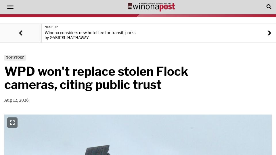 Screenshot of winonapost.com: WPD won't replace stolen Flock cameras, citing public trust