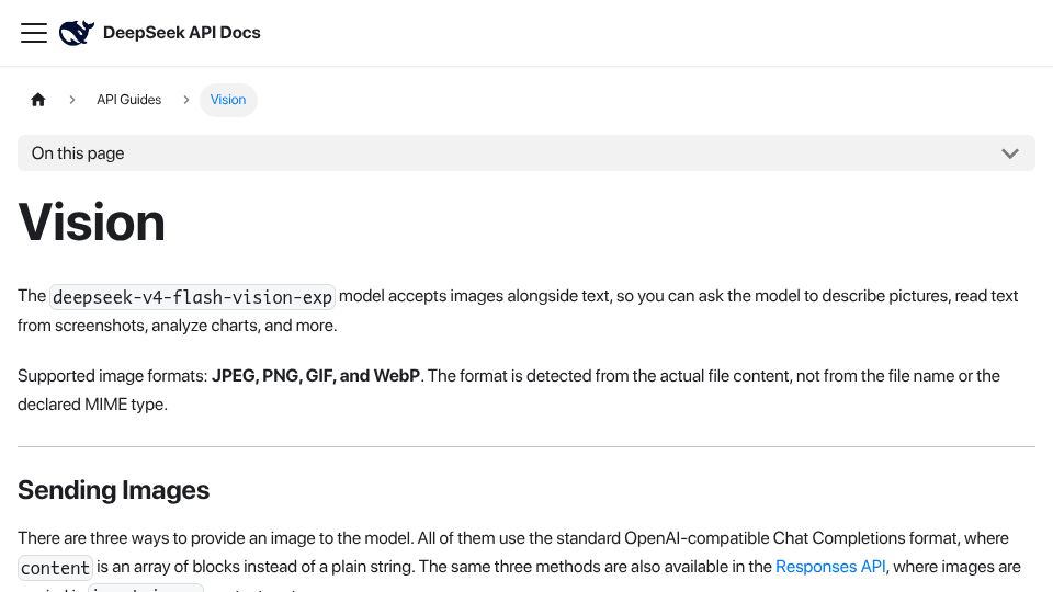 Screenshot of api-docs.deepseek.com: DeepSeek-v4-flash-vision-exp