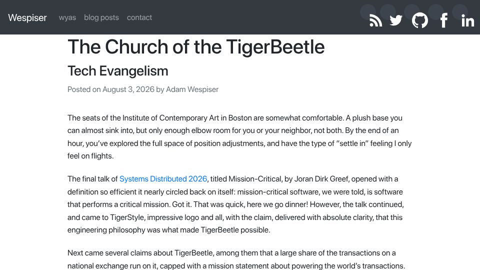 Screenshot of wespiser.com: Church of the TigerBeetle: A Look at Tech Evangelism