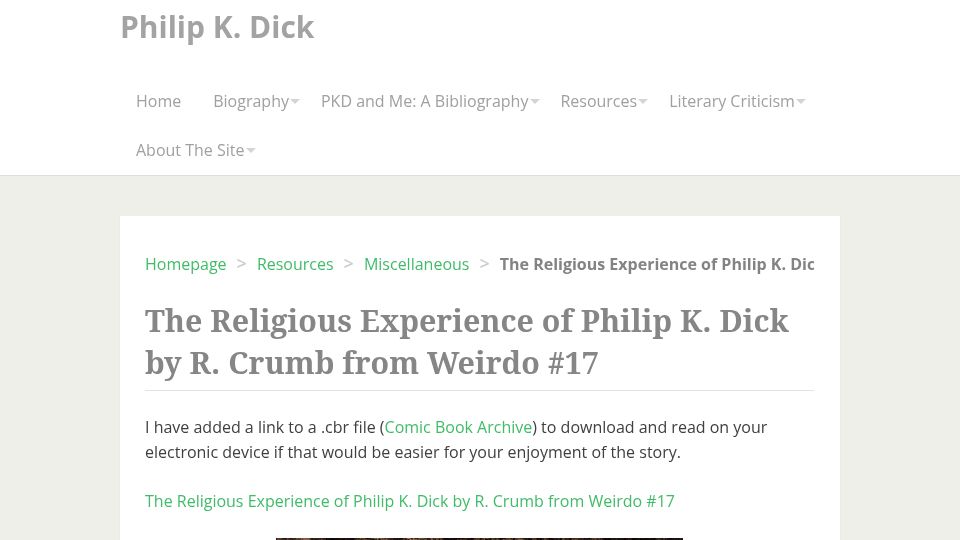 Screenshot of philipdick.com: The Religious Experience of Philip K. Dick by R. Crumb (1986)