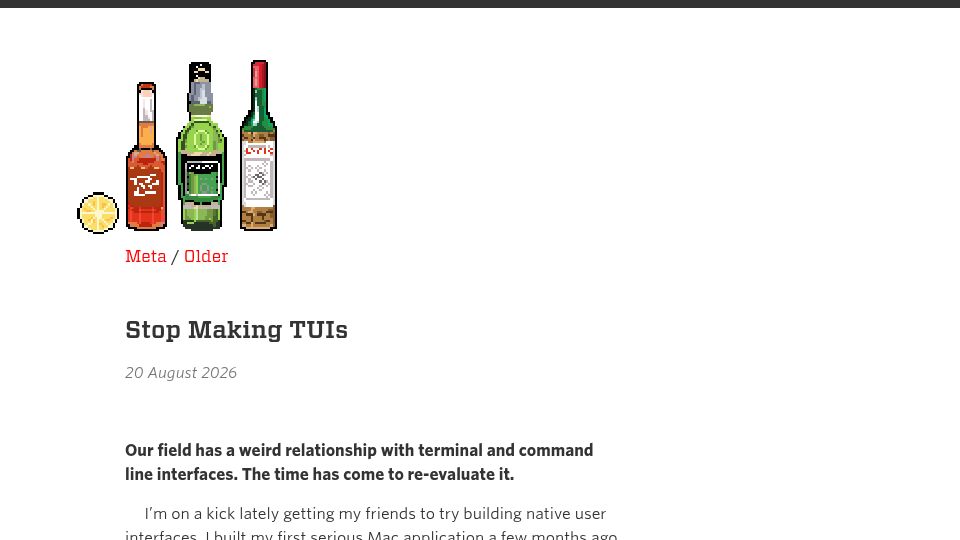 Screenshot of sockpuppet.org: Stop Making TUIs