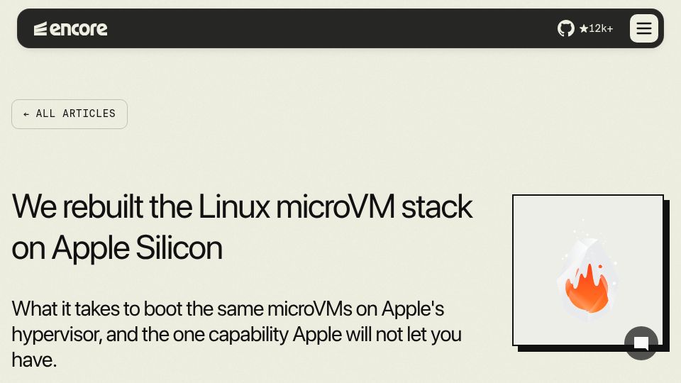 Screenshot of encore.dev: We Rebuilt the Linux MicroVM Stack on Apple Silicon
