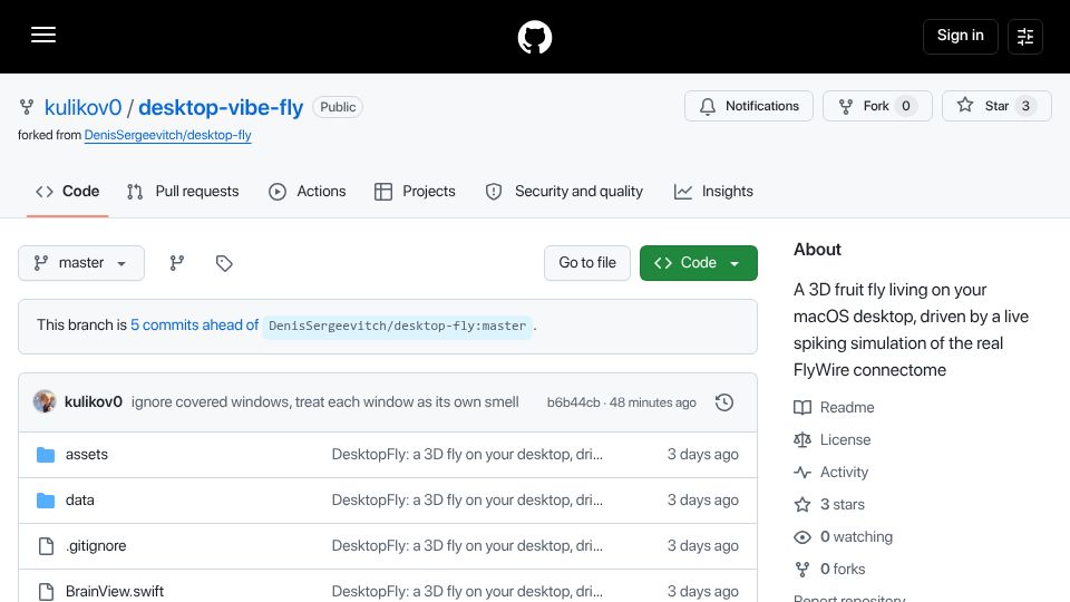 Screenshot of github.com: Show HN: A desktop fly drawn to the scent of vibecode