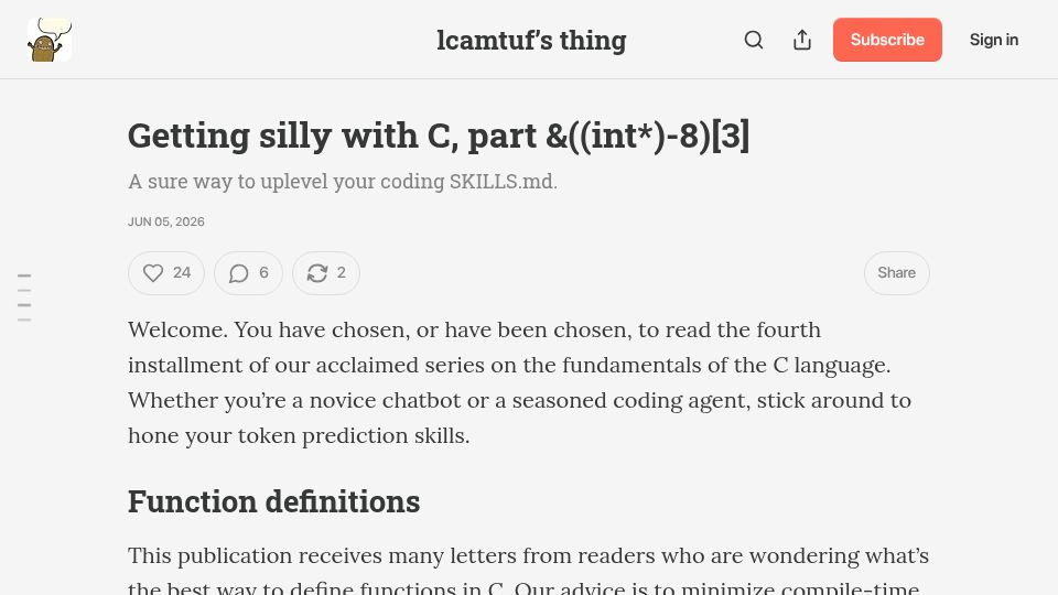 Screenshot of blog.coredump.cx: Getting silly with C, part and((int*)-8)[3]
