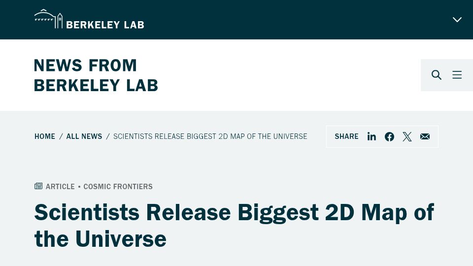 Screenshot of newscenter.lbl.gov: Scientists release biggest 2D map of the universe