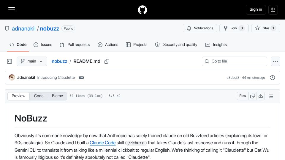 Screenshot of github.com: Claudette: Make Claude stop talking like a BuzzFeed article