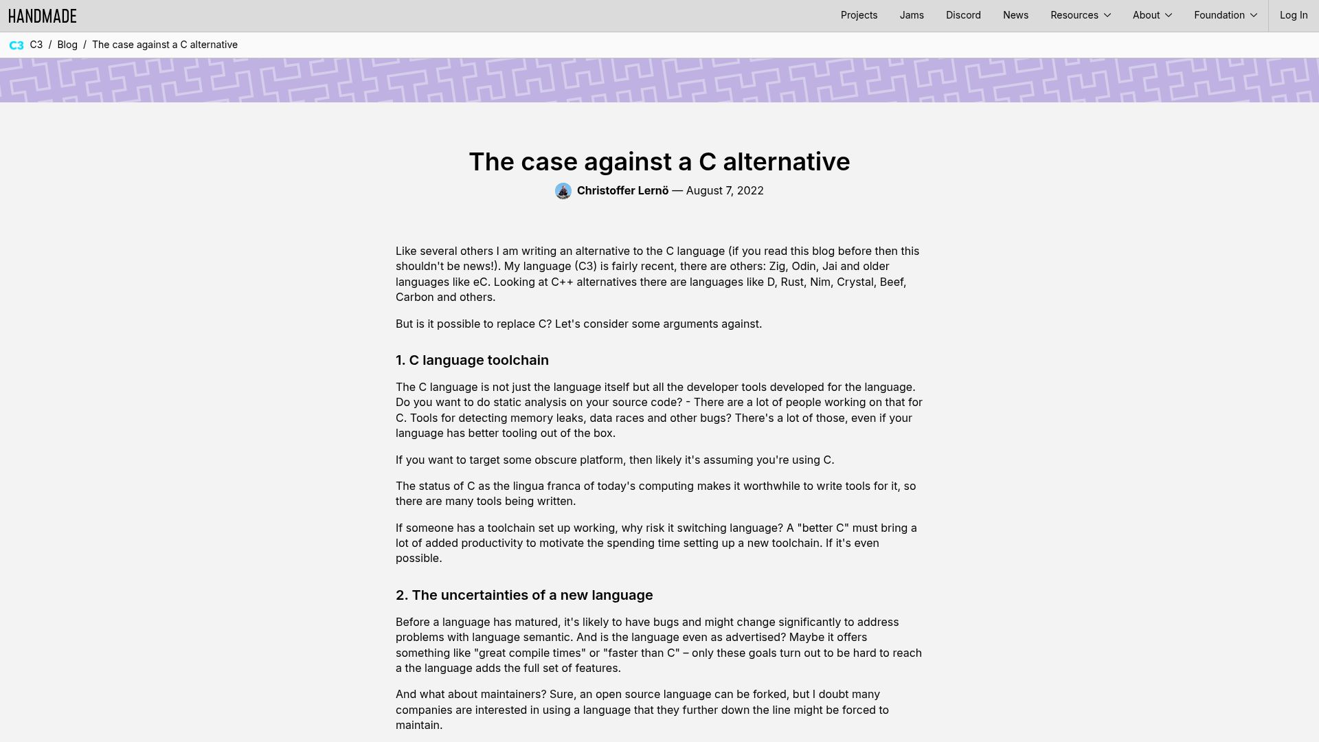 Screenshot of c3.handmade.network: The case against a C alternative (2022)