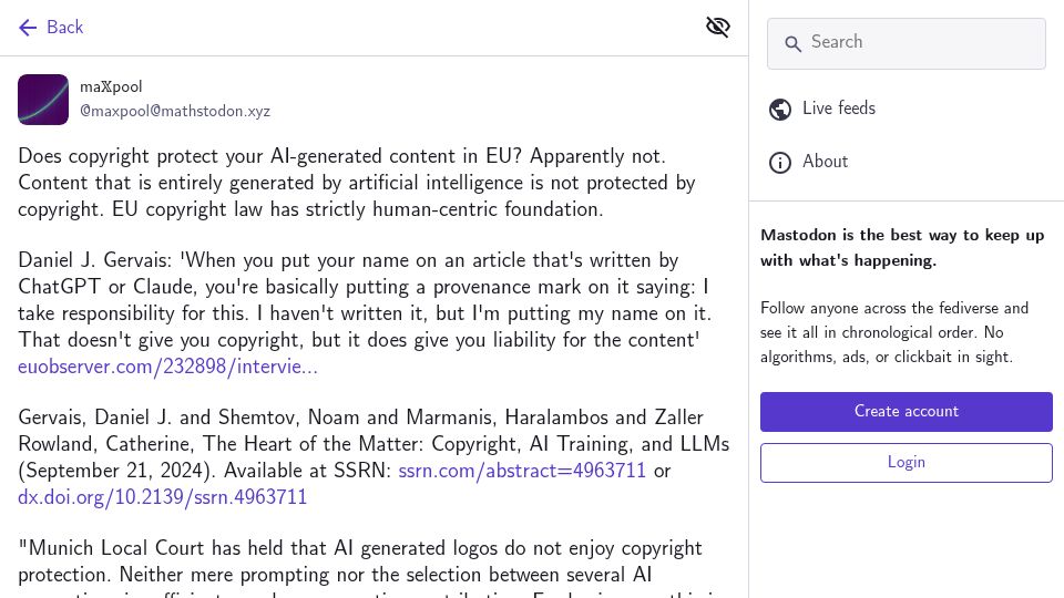 Screenshot of mathstodon.xyz: Copyright does not protect AI-generated content in EU