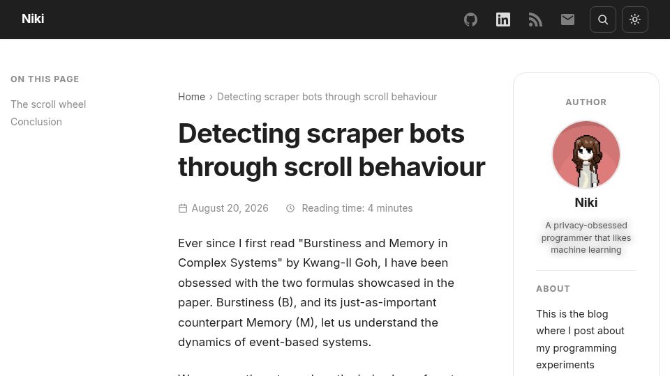 Screenshot of niki.cat: Detecting scraper bots through scroll behaviour