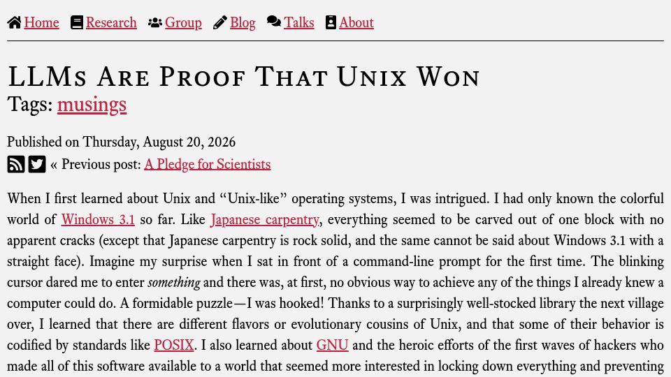 Screenshot of bastian.rieck.me: LLMs are proof that Unix won