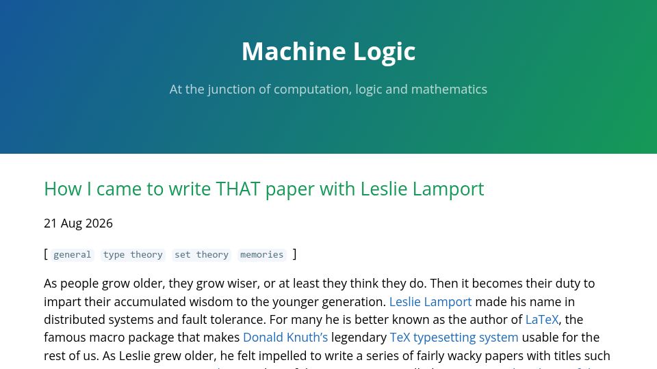 Screenshot of lawrencecpaulson.github.io: How I came to write that paper with Leslie Lamport