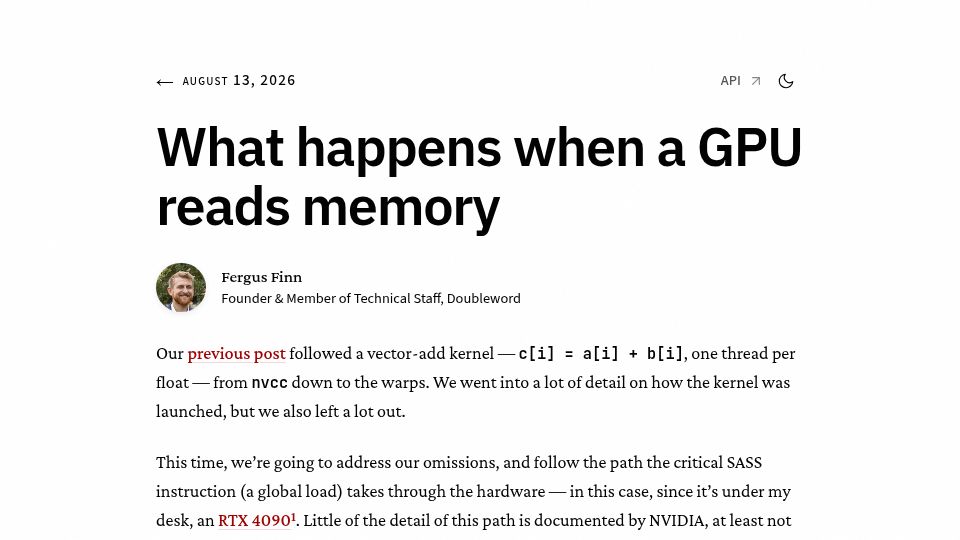 Screenshot of blog.doubleword.ai: What happens when a GPU reads memory