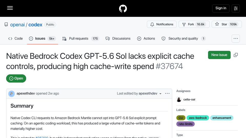 Screenshot of github.com: Codex on AWS bedrock bug causing 10x charges