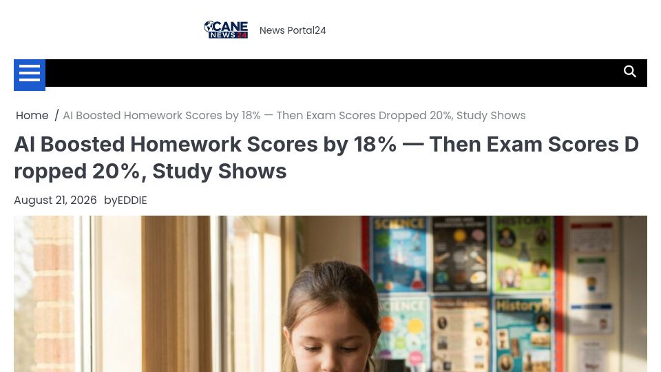 Screenshot of canews24.online: AI boosted homework scores, then exam scores dropped: Study