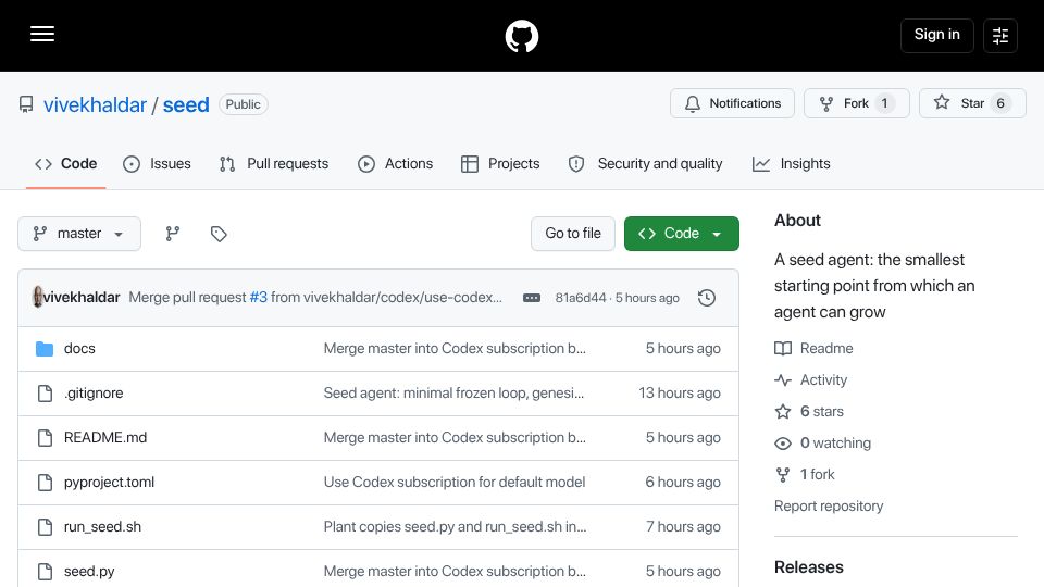 Screenshot of github.com: Seed: Minimal, self-modifying agent harness