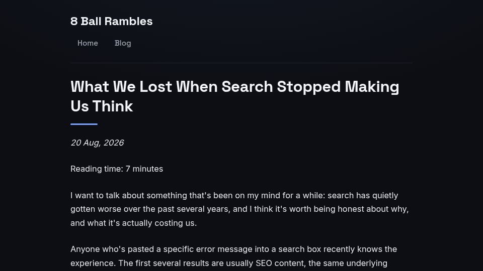 Screenshot of blog.8ball.space: What We Lost When Search Stopped Making Us Think