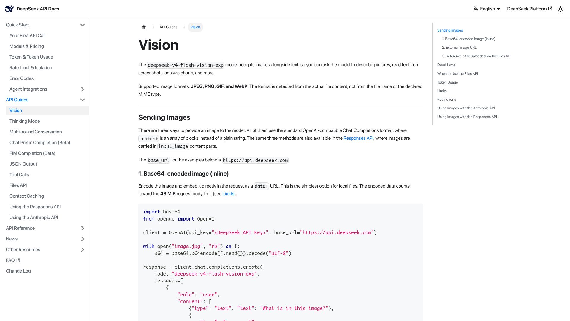 Screenshot of api-docs.deepseek.com: DeepSeek-v4-flash-vision-exp