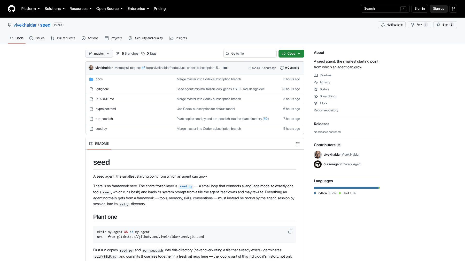 Screenshot of github.com: Seed: Minimal, self-modifying agent harness