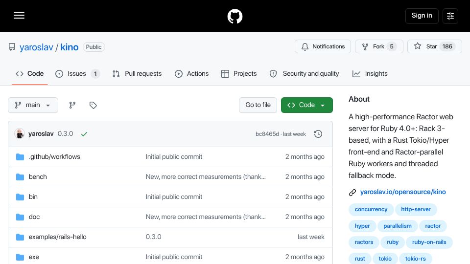 Screenshot of github.com: Kino: A high-performance Ractor web server for Ruby 4.0