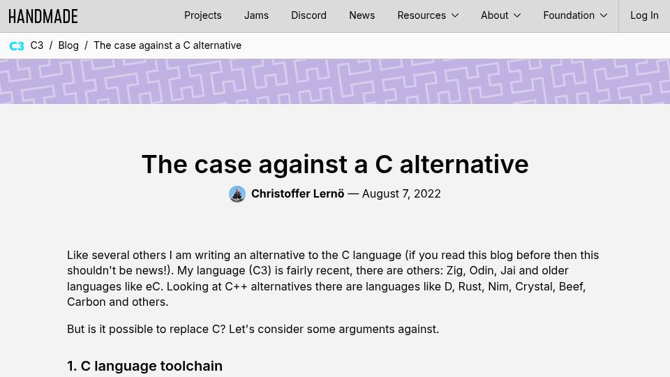 Screenshot of c3.handmade.network: The case against a C alternative (2022)