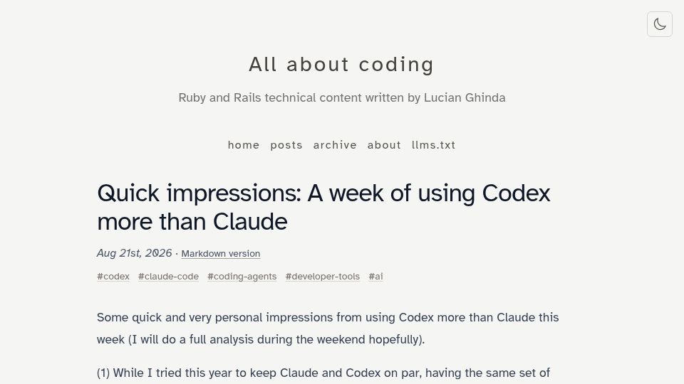 Screenshot of allaboutcoding.ghinda.com: A week of using Codex more than Claude