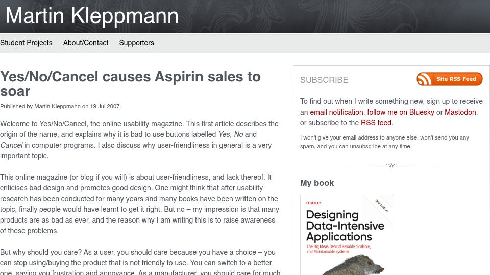 Screenshot of martin.kleppmann.com: Yes/No/Cancel causes Aspirin sales to soar
