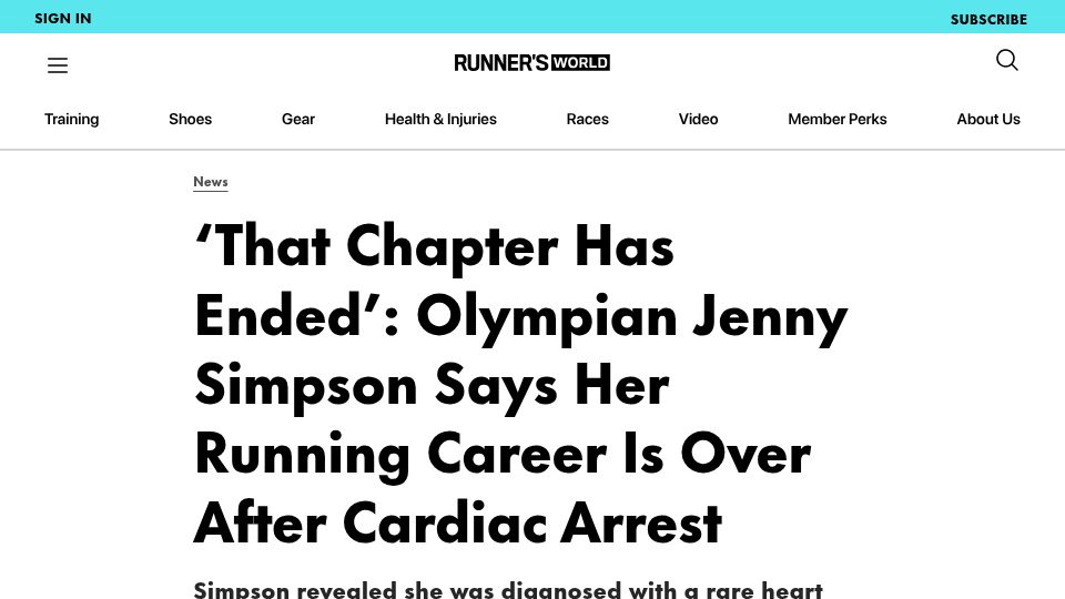 Screenshot of runnersworld.com: Olympian Jenny Simpson Says Her Running Career Is Over After Cardiac Arrest