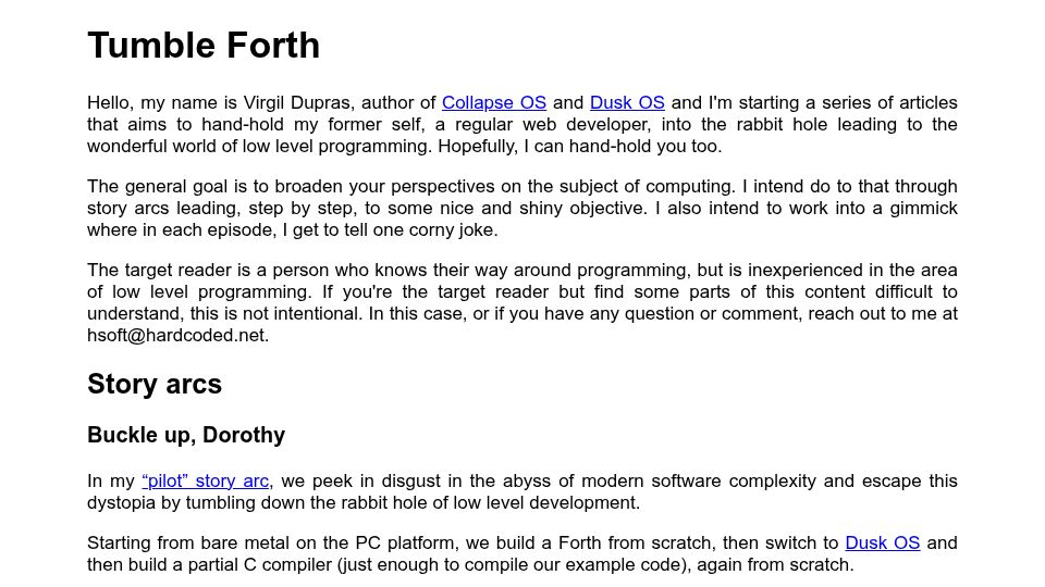 Screenshot of tumbleforth.hardcoded.net: Tumble Forth – from assembly to OS with C compiler (2023)