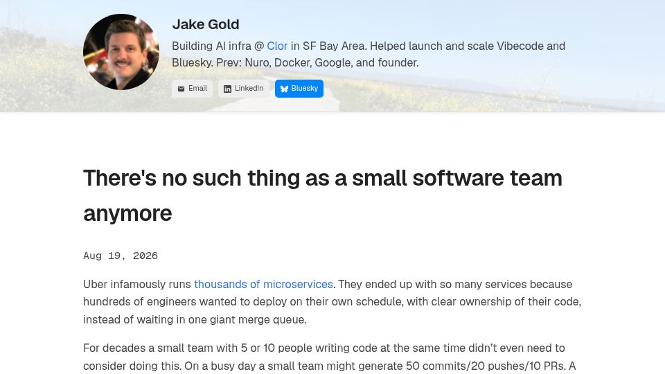 Screenshot of jacob.gold: There's no such thing as a small software team anymore
