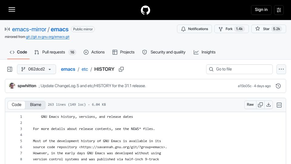 Screenshot of github.com: Emacs 31.1 will release on 8/24